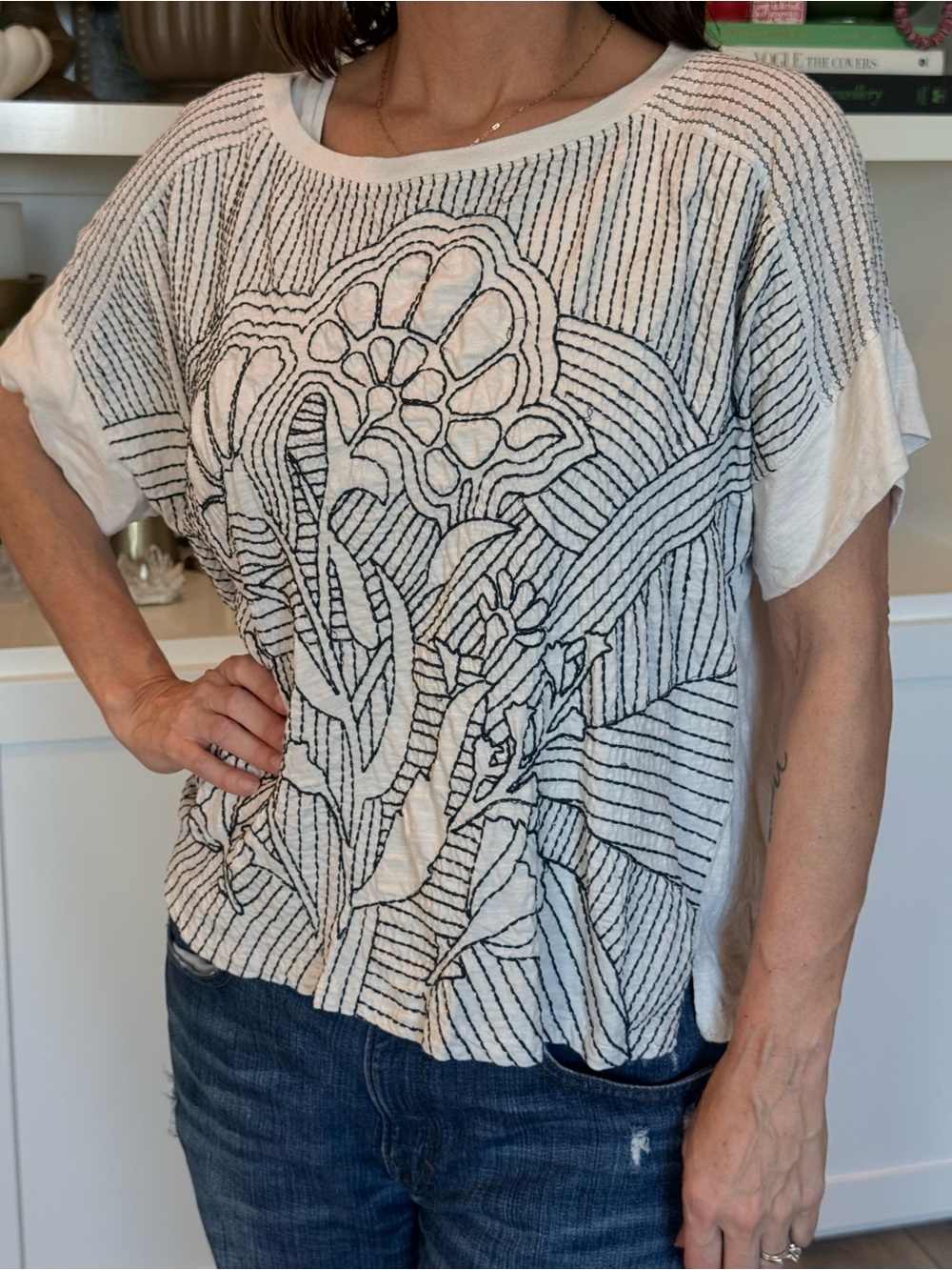 Anthropologie Women's White & Black Floral Embroidered Short Sleeve Top